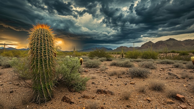 Beautiful cacti plant with desert landscape and thunderstorm