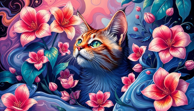 Free Photo beautiful  cat and flowers wallpaper