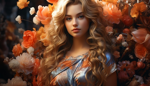 Beautiful Caucasian woman with long blond curly hair looking at camera generated by artificial intellingence