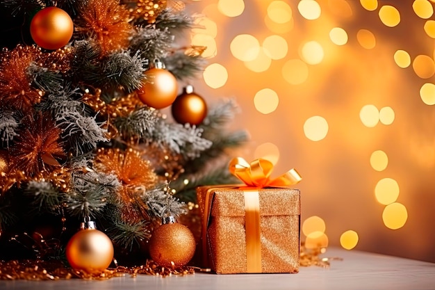 beautiful christmas composition of gifts and a Christmas tree is visible against the blurred background.