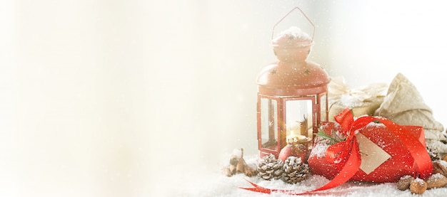 Beautiful christmas concept with gift boxes christmas lantern red