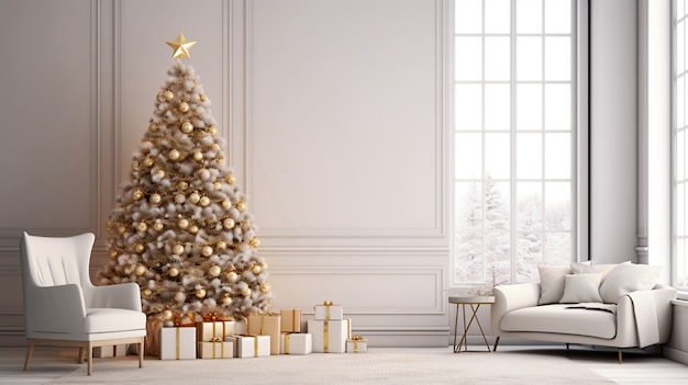 Free photo beautiful christmas tree with armchair