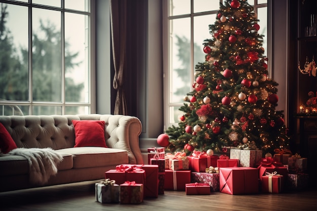 Free photo beautiful christmas tree with couch