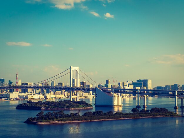 Beautiful cityscape with architecture building and rainbow bridge in tokyo city