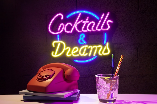 Free photo beautiful cocktails and dreams neon sign