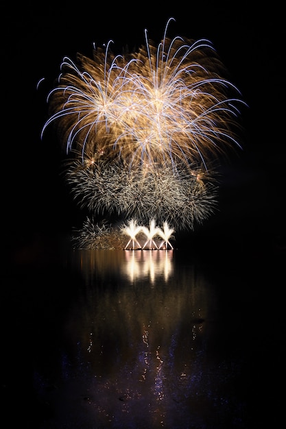 Beautiful colorful fireworks with reflections in water. Brno dam, the city of Brno-Europe. Internati