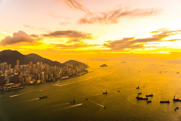 Beautiful colorful sunset in hong kong city skyline