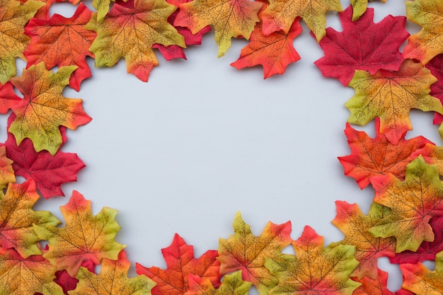 Free photo beautiful composition of autumn leaves on light blue background with copy space