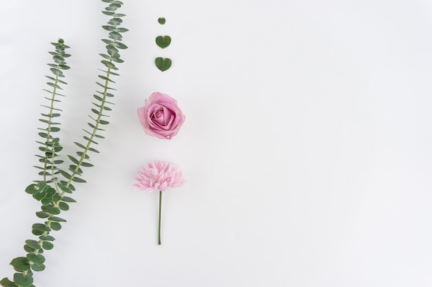 Free Photo beautiful composition with two flowers and green floral hearts