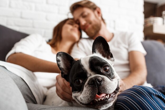 Beautiful couple resting on sofa with dog. Focus  pug.