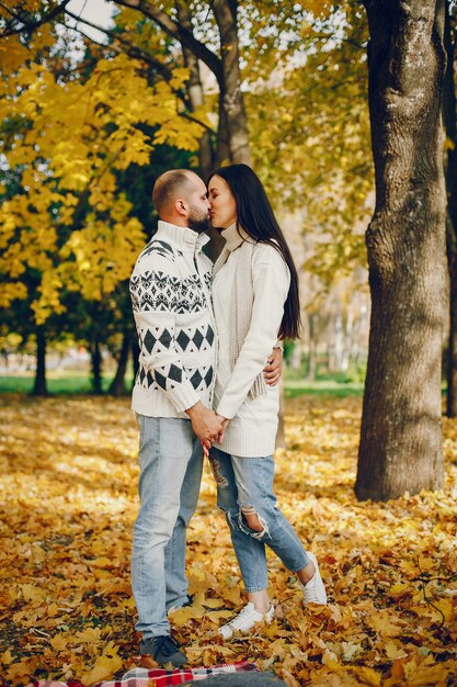 Beautiful couple spend time in a autumn park