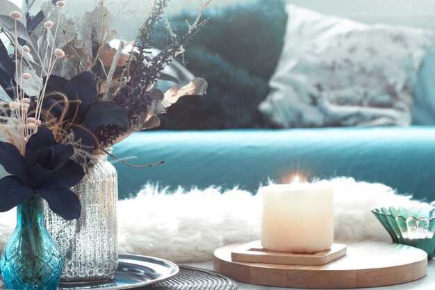 Beautiful Cup of tea and decor items, on light wooden table, top view.