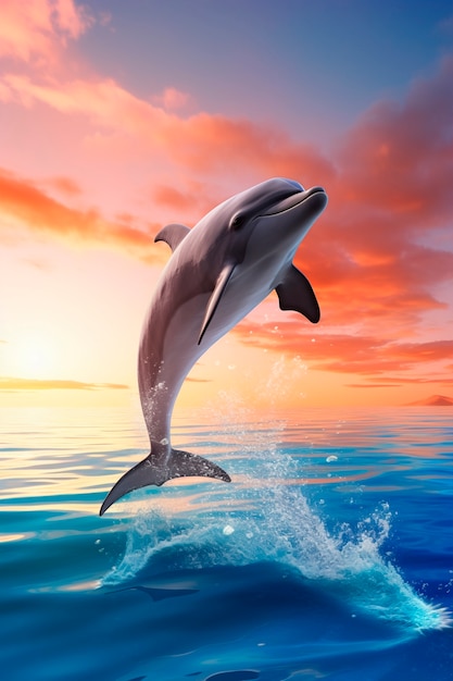 Beautiful dolphin swimming at sunset