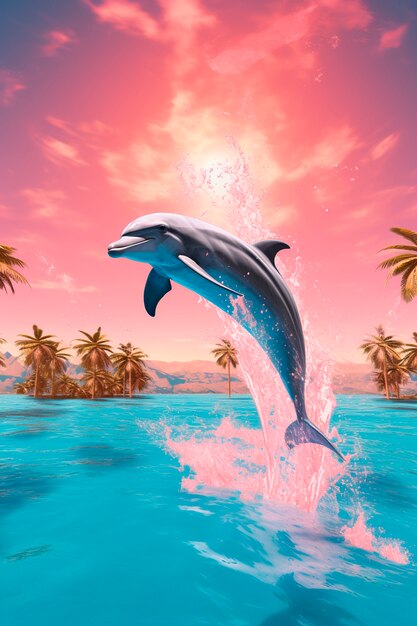 Beautiful dolphin swimming at sunset