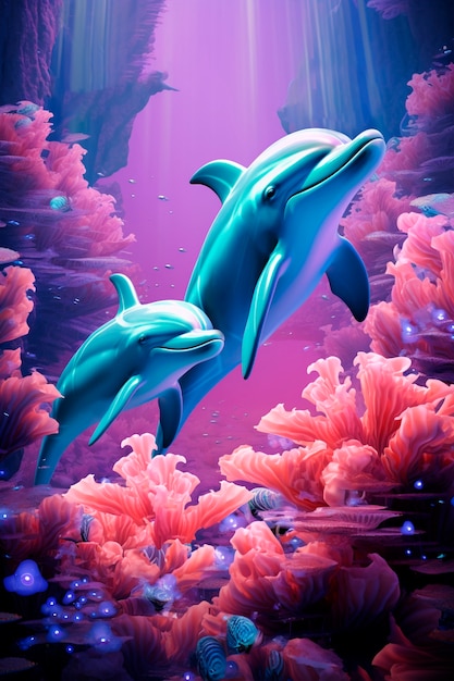 Beautiful dolphins swimming near coral reef