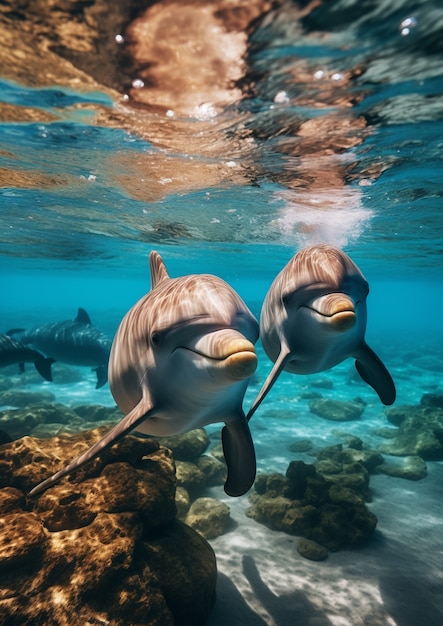 Free photo beautiful dolphins swimming underwater