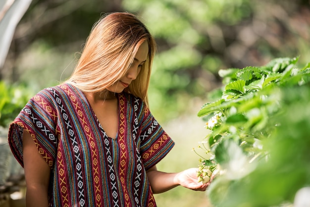 Beautiful farmer woman checking strawberry farm