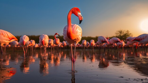 Beautiful flamingos in lake