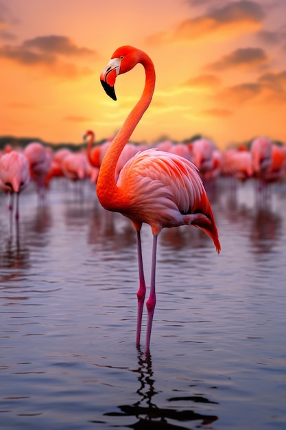 Beautiful flamingos in lake