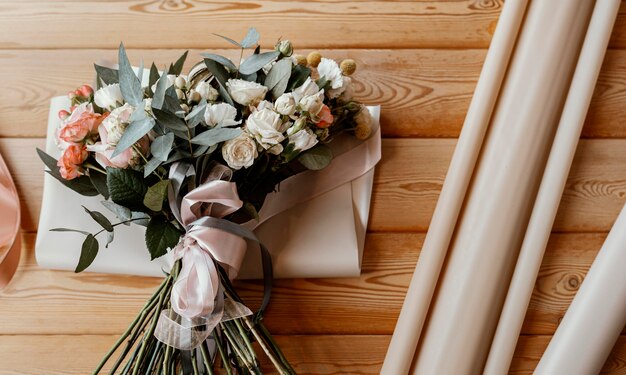 Beautiful floral arrangement on wooden table