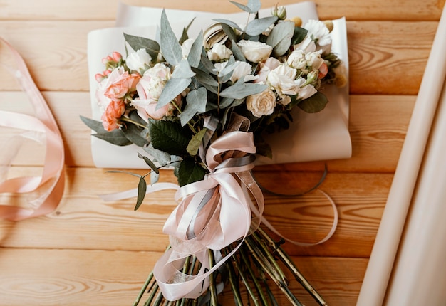 Beautiful floral arrangement on wooden table