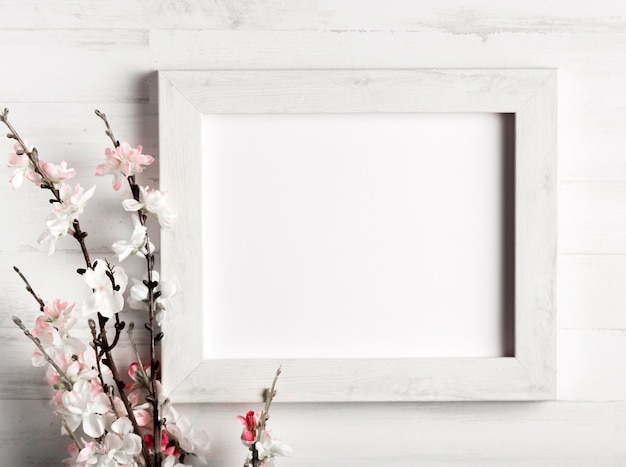 Free photo beautiful flower and a frame on wooden wall