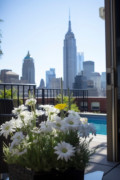 Free photo beautiful flowers and  empire state building