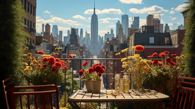 Free photo beautiful flowers and  empire state building