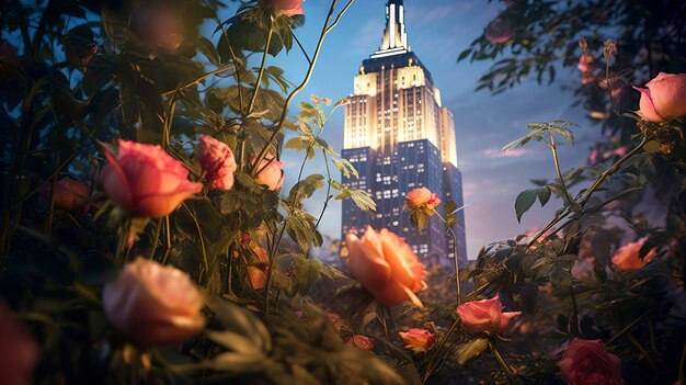 Beautiful flowers and  empire state building