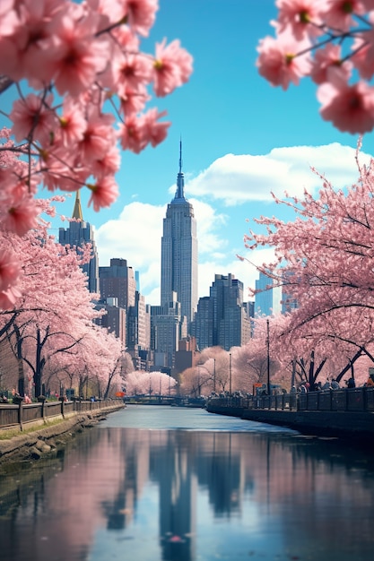 Beautiful flowers and  empire state building