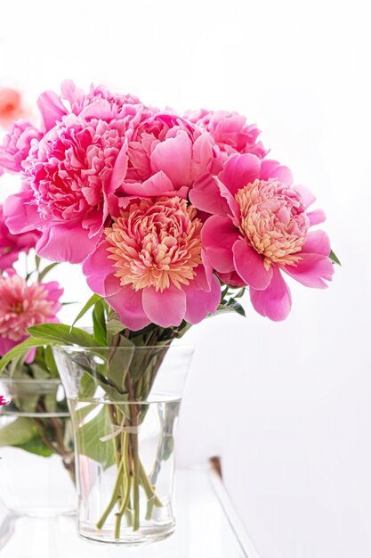 Beautiful fresh peony flowers bouquet in a transparent glass vase on a white background