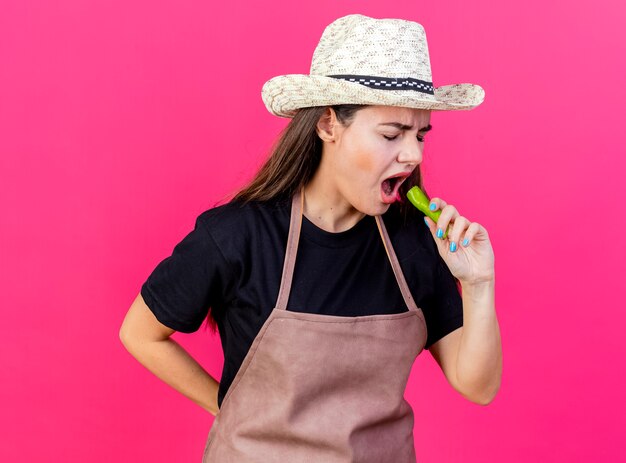 beautiful gardener girl in uniform wearing gardening hat trying pepper isolated on pink