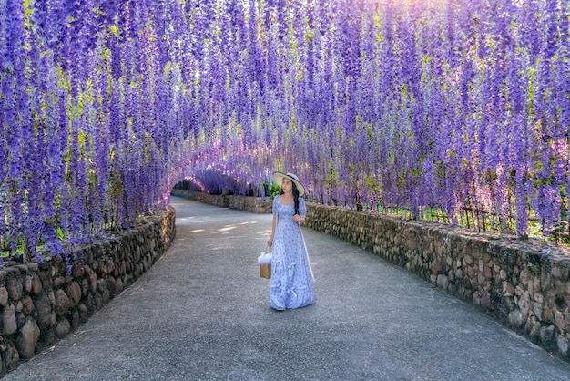 Beautiful girl walking at purple flower tunnel in Chiang Rai, Thailand