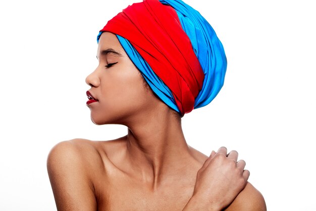 beautiful girl with red lips and cloth on the head