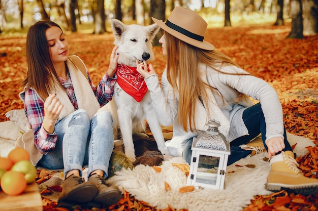 Beautiful girls have fun in a autumn park