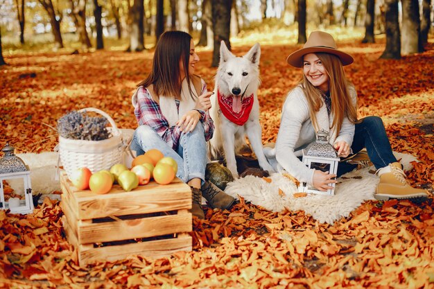 Beautiful girls have fun in a autumn park