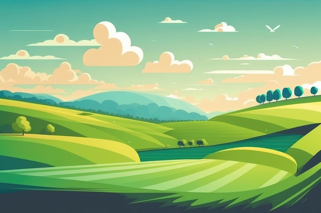 Free photo beautiful green hills mountains sky and clouds in cartoon style generative ai