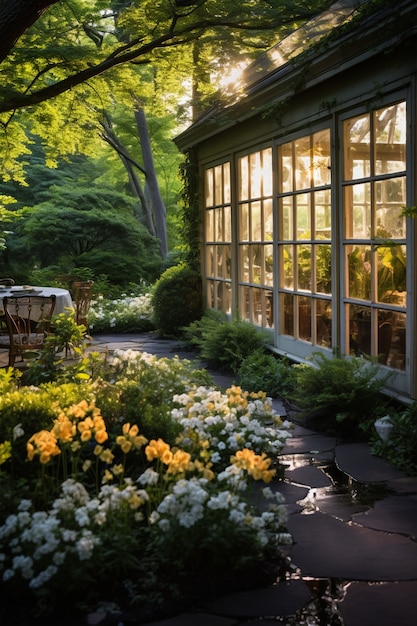 Beautiful house surrounded by flowers