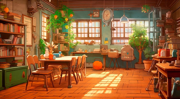 Free photo beautiful illustration of a classroom with tables and plants