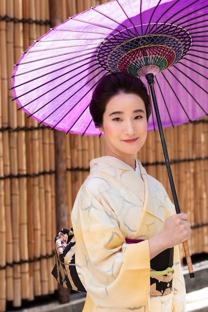 Beautiful japanese woman with a purple umbrella