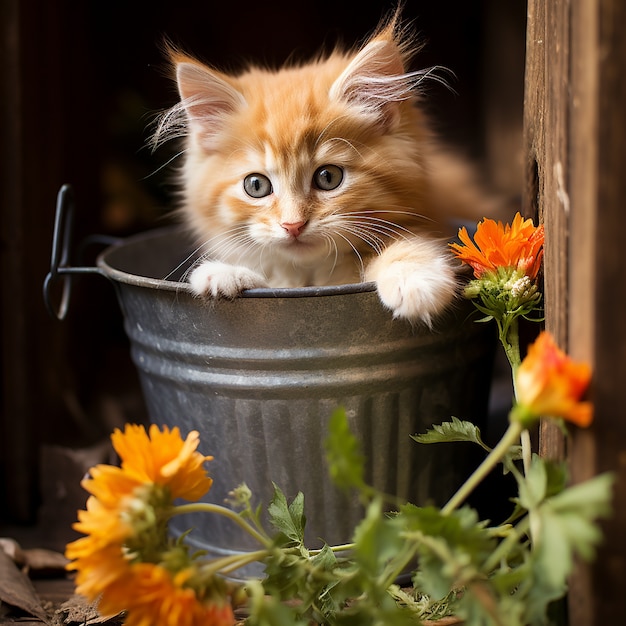 Beautiful kitten with flowers indoors