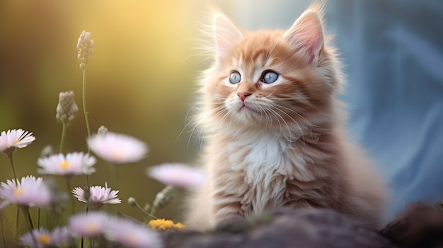 Free photo beautiful kitten with flowers outdoors