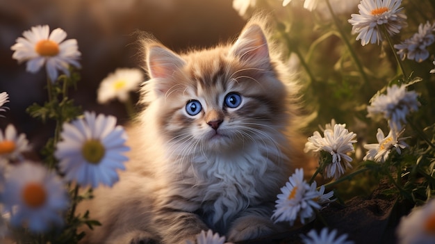 Beautiful kitten with flowers outdoors