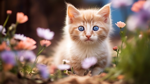 Beautiful kitten with flowers outdoors