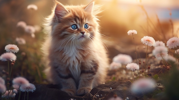 Free photo beautiful kitten with flowers outdoors