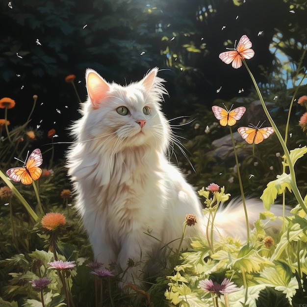 Beautiful kitten with flowers outdoors