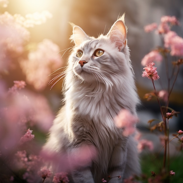 Free photo beautiful kitten with flowers outdoors