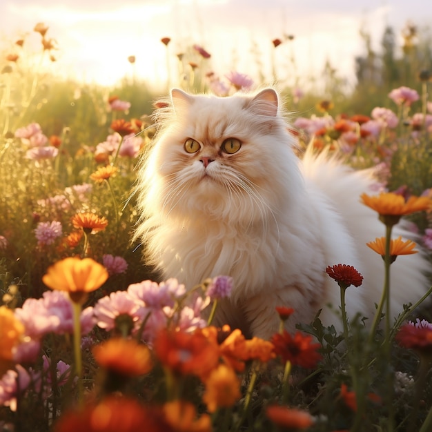 Free photo beautiful kitten with flowers outdoors