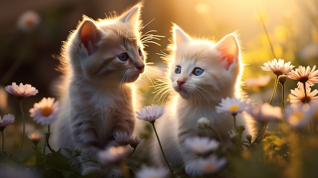 Free photo beautiful kittens with flowers outdoors