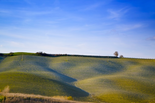 Free photo beautiful landscape of green rolling hills under a clear blue sky